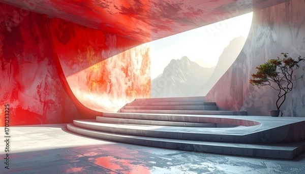 Fototapeta Modern architectural design with sweeping stairs and a dramatic red interior.