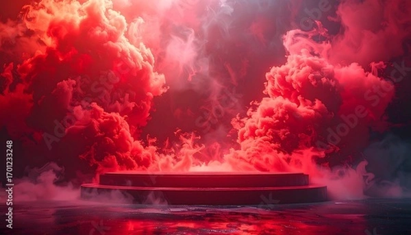 Fototapeta Dramatic red smoke fills the air around a multi-tiered platform, creating a captivating and intense scene.