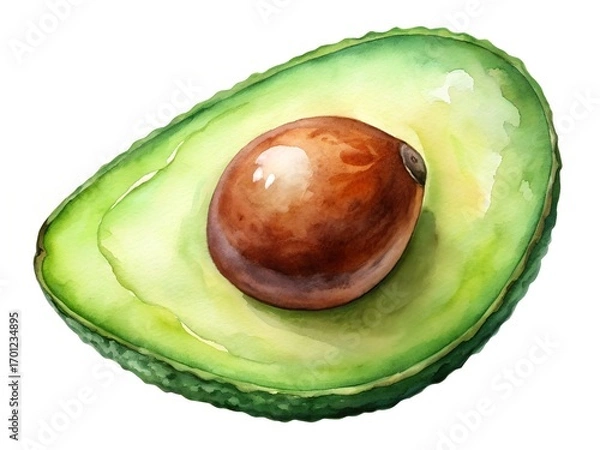 Fototapeta Watercolor illustration of a ripe avocado half with pit on a white background