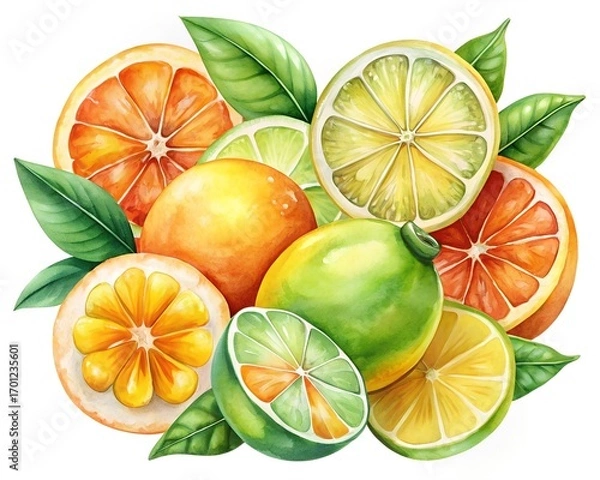 Fototapeta Watercolor Citrus Fruit Arrangement with Grapefruit Lemon Lime and Green Leaves Illustration