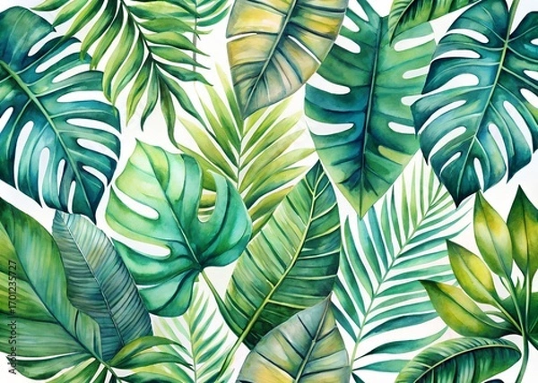 Fototapeta Lush watercolor tropical foliage pattern with monstera and palm leaves for background