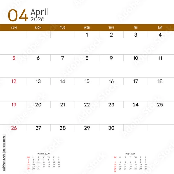 Fototapeta April 2026 Calendar. Week start on Sunday. Desk calendar 2026 design, simple and clean design, Wall calendar for print, digital calendar, Corporate design planner template vector.