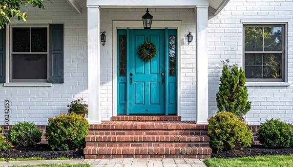 Fototapeta A teal front door with a wreath adorns a white brick house with a brick walkway and landscaping.