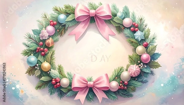 Fototapeta A charming, delicate Christmas wreath, adorned with pastel-colored ornaments, berries, and ribbons, sits against a soft, watercolor backdrop.