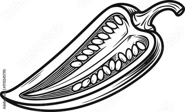 Fototapeta Single realistic chili pepper illustration. Fresh red chili pepper isolated artwork. Realistic spicy chili food design. Chili pepper vegetable cooking ingredient. Hot red chili realistic illustration