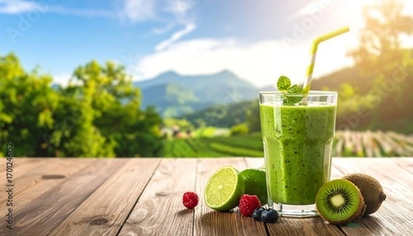 Fototapeta Refreshing green smoothie in a glass, garnished with fruit, sits on a wooden surface overlooking a scenic landscape.