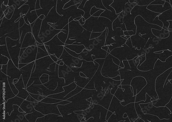 Fototapeta Abstract white pencil scribble on black background. Random strokes texture graphic element. Suitable for artistic overlay design template.