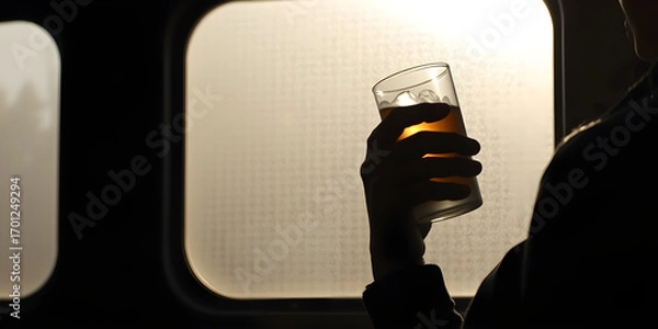 Fototapeta Silhouette of a man holding a glass of iced beverage inside a train with a misty window. Dramatic lighting creates a sense of contemplation and travel.