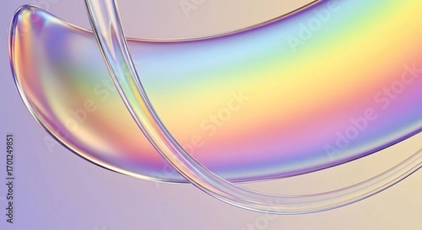 Fototapeta Abstract 3D rendering of a rainbow glass ribbon. A futuristic and vibrant design element. A transparent, flowing shape with a full-spectrum iridescent effect on a pastel background.