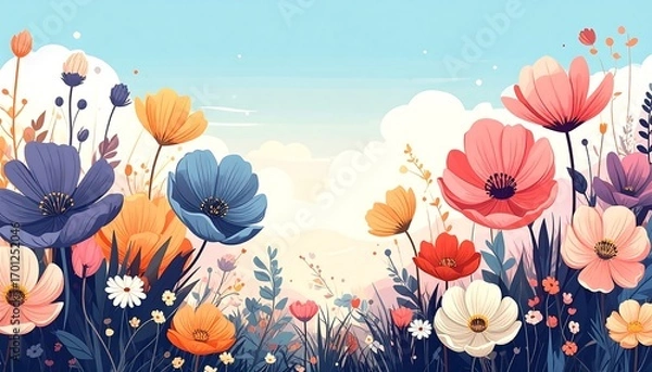 Fototapeta A vibrant floral display bursts forth in a field of colorful flowers against a soft pastel sky filled with clouds.