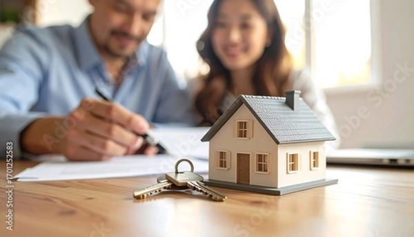 Fototapeta A happy couple signs documents for their new home, model house and keys symbolizing the purchase.