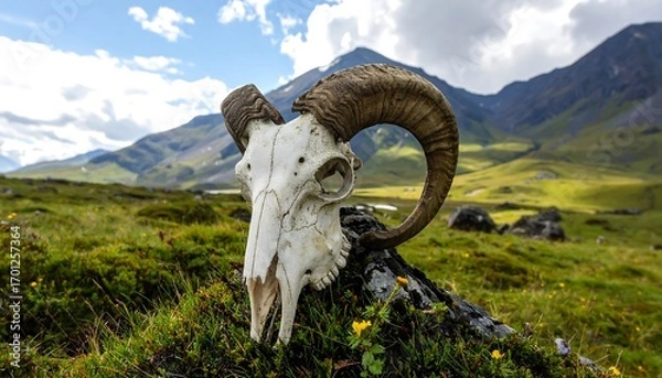 Fototapeta A bleached animal skull with impressive horns rests on a rock amongst lush green grass, bathed in the sunlight of a mountainous landscape.