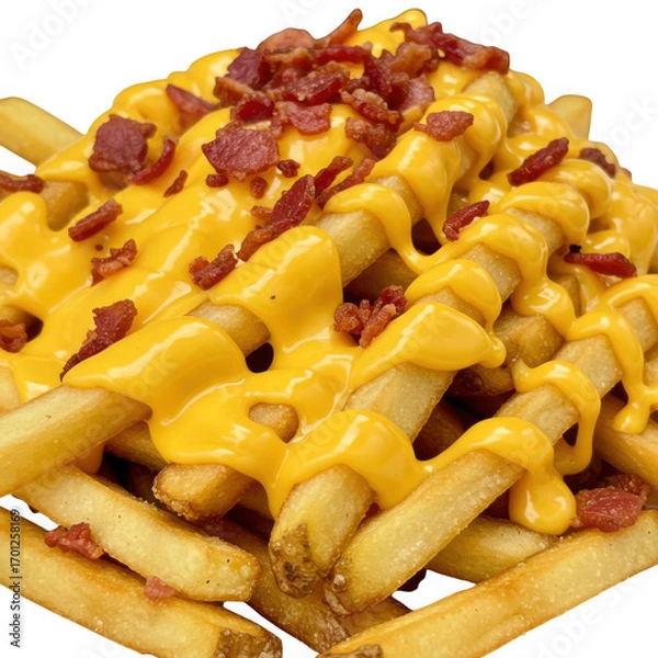 Fototapeta Cheese and bacon covered french fries isolated on transparent background