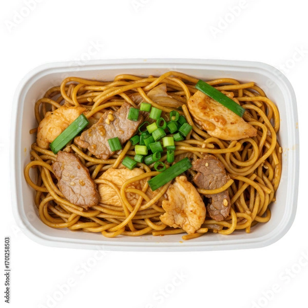 Fototapeta Chicken and pork stir fried spaghetti in a takeout container isolated on transparent background