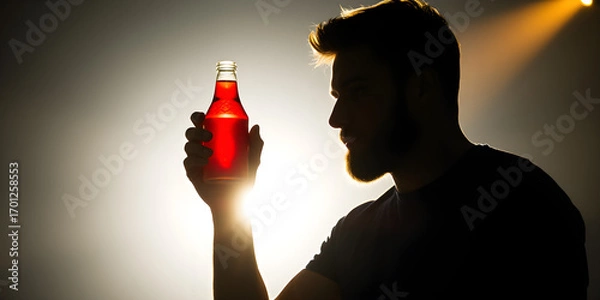 Fototapeta Silhouette of a man holding a bottle of red liquid illuminated with a soft warm light coming from behind the subject against a blurred background.