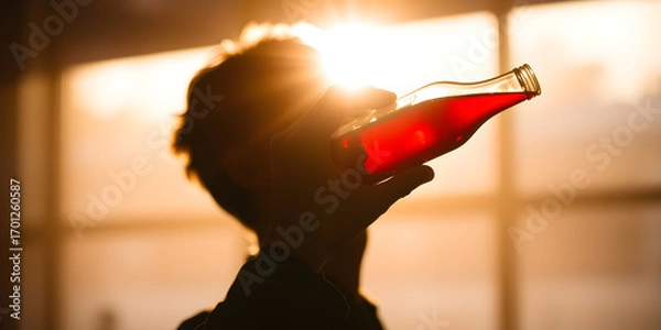 Fototapeta Silhouette of a man holding a bottle of red liquid illuminated with a soft warm light coming from behind the subject against a blurred background.