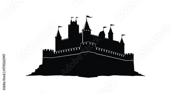 Fototapeta a medieval castle silhouette with towers flags and battlements