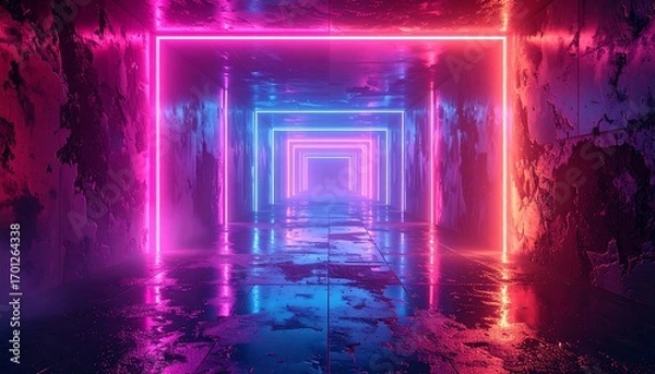 Fototapeta A vibrant, neon-lit corridor with wet pavement and weathered walls, evoking a futuristic and mesmerizing mood.