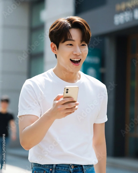 Fototapeta 휴대폰을 들고 행복한 남성