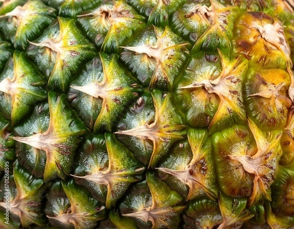 Fototapeta Close-up view of a pineapple skin, highlighting the intricate pattern of its tough, spiky exterior.  The vibrant greens and yellows create a visually appealing texture.