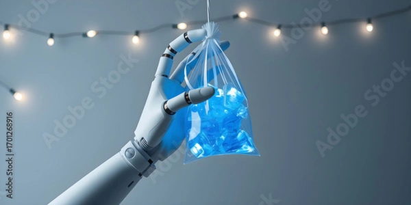 Fototapeta A white robotic hand holds a transparent pouch filled with blue ice-like objects illuminated by a string of lights against a gray backdrop creating a surreal ambiance