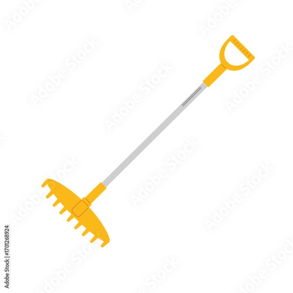Fototapeta Gardening tool with yellow handle and metal rake head for yard work and landscaping tasks