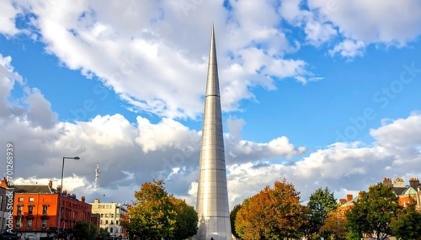 Fototapeta A tall, modern, pointed monument stands prominently against a vibrant sky filled with fluffy clouds, surrounded by autumn-hued trees and urban buildings.