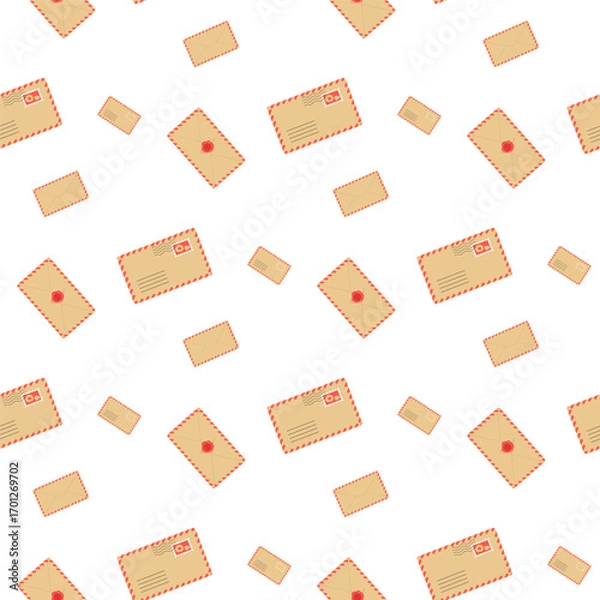 Fototapeta Patterns of envelopes scattered on a white background create a visually appealing design