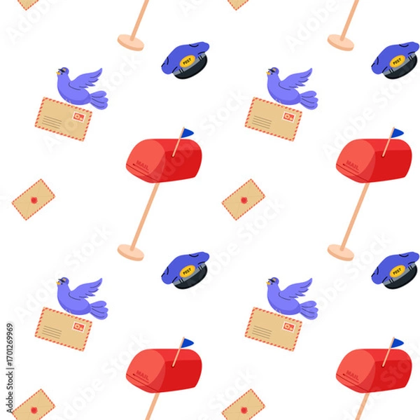 Fototapeta Colorful pattern featuring mailboxes, birds, and envelopes in a playful design