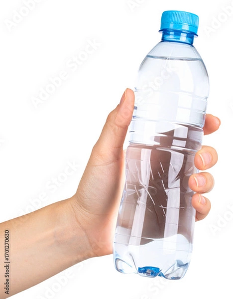 Obraz hand holding a plastic bottle of mineral water isolated on white background
