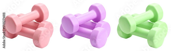Obraz pile of women dumbbells in three colors isolated on white background