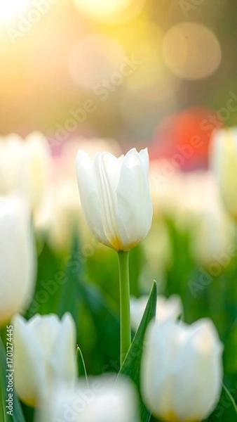 Fototapeta A single, pristine white tulip stands out in a field of blossoming flowers, bathed in soft, golden sunlight.