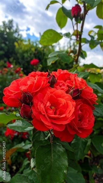 Fototapeta Vibrant cluster of crimson roses in a garden setting, displaying rich color and lush foliage.