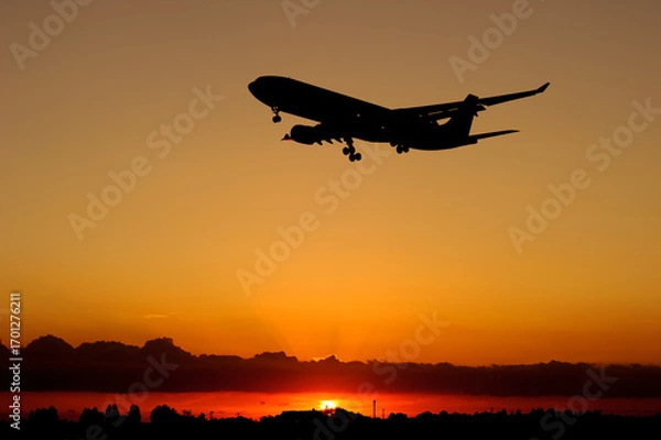 Obraz 飛行機　美しい 　光　雲　空　を背景に飛ぶ　航空機
