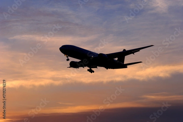 Obraz 飛行機　美しい 　光　雲　空　を背景に飛ぶ　航空機