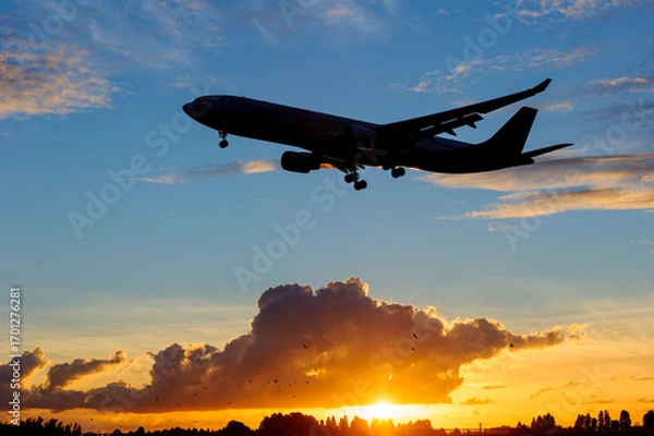 Obraz 飛行機　美しい 　光　雲　空　を背景に飛ぶ　航空機