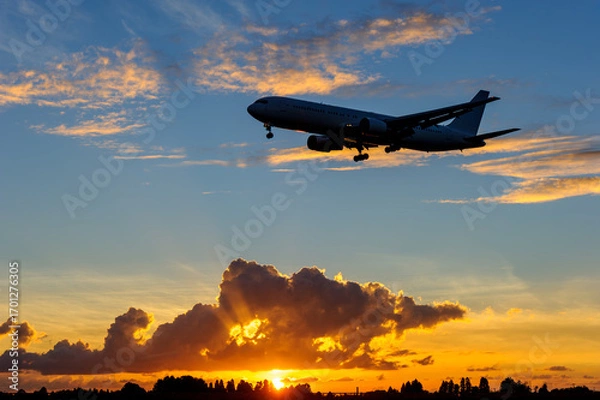 Obraz 飛行機　美しい 　光　雲　空　を背景に飛ぶ　航空機