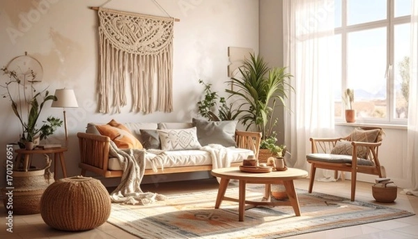 Fototapeta A sun-drenched living room, featuring a light-filled space with a natural color palette and bohemian style accents.
