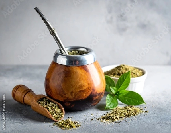Fototapeta A wooden scoop and bombilla straw sit beside a gourd-shaped yerba mate container, filled with dried yerba mate leaves.