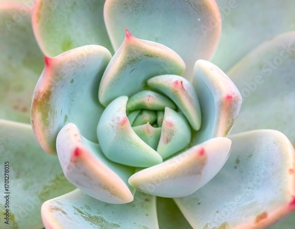 Fototapeta Close-up view of a succulent plant's rosette, showcasing delicate pastel tones and intricate details.