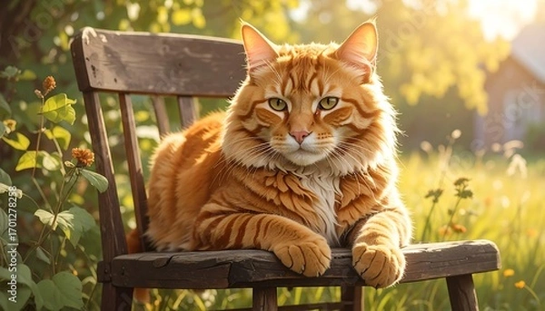 Fototapeta A ginger cat with striking fur rests serenely on a weathered wooden chair in a sun-drenched garden setting.