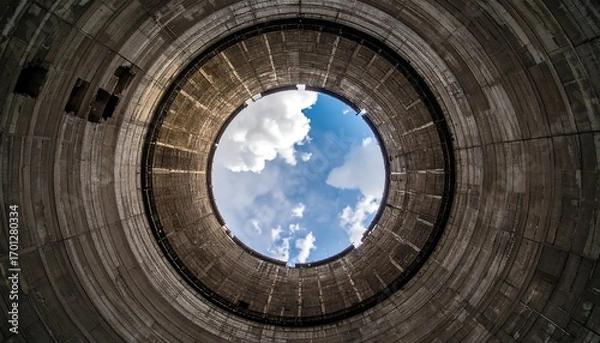 Fototapeta A grand, circular, concrete structure,  with a  skylight opening to the vast blue sky, showcasing a sense of awe and vastness.