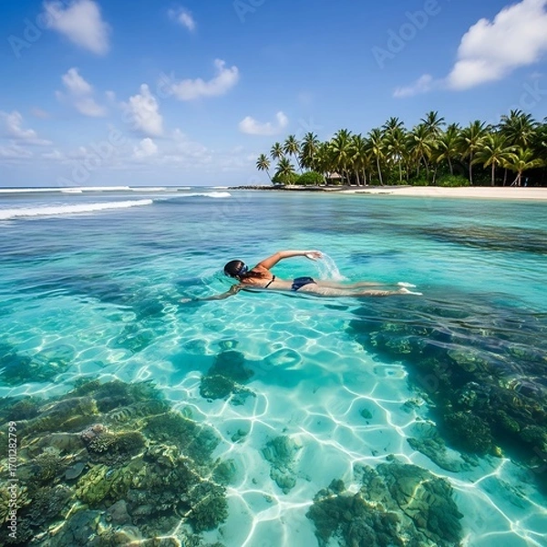 Fototapeta Woman swimming in crystal-clear turquoise water over a coral reef, with a tropical beach in the background.