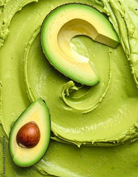 Fototapeta Two halves of a fresh avocado rest on a swirled backdrop of vibrant green avocado paste, showcasing the healthy fruit against a smooth, textured surface.