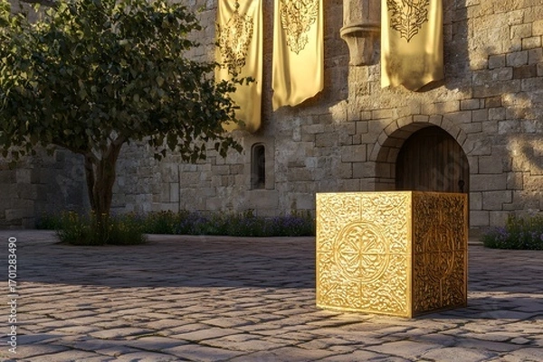 Obraz A golden podium placed in the middle of a medieval courtyard with cobblestone floors and banners waving in the wind 