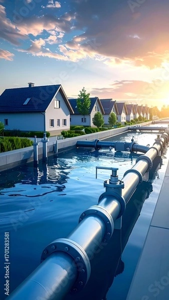 Fototapeta A tranquil suburban neighborhood with a water pipeline system running along the street at sunset.