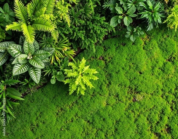 Fototapeta Lush green moss blankets the garden floor, creating a vibrant, soft carpet among colorful flowers and leafy plants, enhancing the serene outdoor atmosphere.