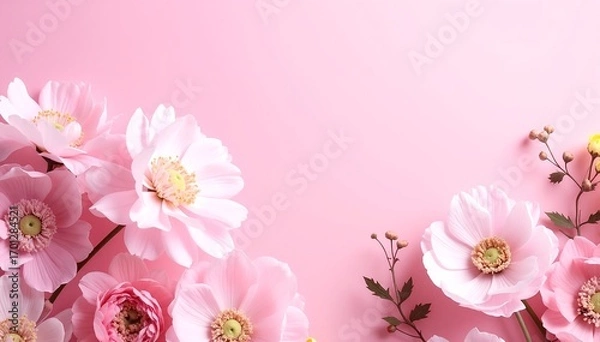 Fototapeta A delicate arrangement of soft pink flowers, featuring varying shades, set against a subtle, light background that enhances their beauty and charm.