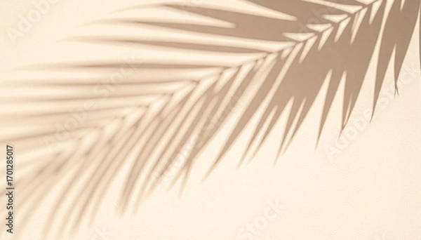 Fototapeta A delicate shadow of a palm leaf cast on a textured surface, showcasing intricate details of the leaf's fronds and veins in soft sunlight.