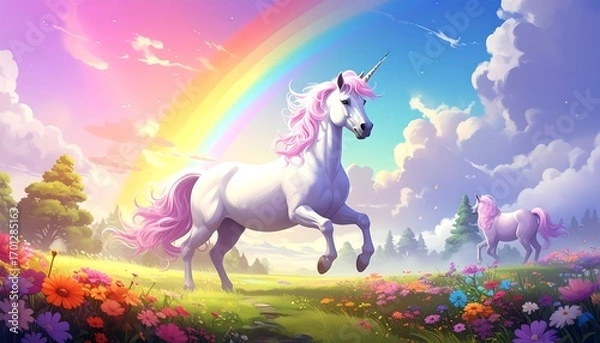 Fototapeta Two majestic unicorns, adorned with rosy manes and tails, traverse a vibrant meadow filled with colorful flowers, beneath a spectacular rainbow, creating a dreamy and captivating scene.